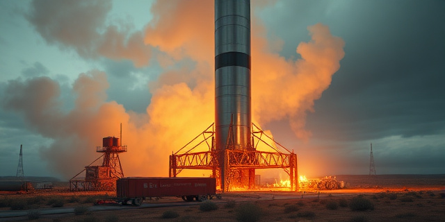 Una ilustración conceptual de un cohete colosal de acero inoxidable en una plataforma de lanzamiento en el desierto de Texas, emitiendo una llamarada naranja intensa y brillante desde su base. Estilo cinematográfico, ángulo contrapicado para enfatizar la escala monumental, atmósfera industrial con humo y vapor, colores contrastados entre el metal frío y el fuego ardiente.