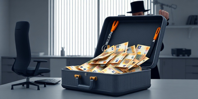 Una ilustración conceptual y satírica. En primer plano, un maletín abierto desbordando billetes de euros sobre una mesa de oficina gris y aburrida. Al fondo, la silueta de un cerrajero con herramientas antiguas y una expresión pícara. Estilo de arte pop moderno con colores vibrantes que contrasten con el entorno corporativo monótono, sin rostros reconocibles.