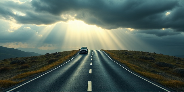 Una carretera sinuosa que se bifurca en dos direcciones: una hacia un futuro brillante y limpio con coches eléctricos, la otra hacia un pasado contaminado con coches de combustión. El cielo está nublado y amenazante, con rayos de luz que iluminan cada camino. Estilo pictórico expresionista, colores contrastantes.
