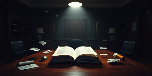Una imagen conceptual y cinematográfica de un despacho de abogados oscuro y elegante en Madrid. En el centro, una carpeta de archivos abierta sobre una mesa de madera noble, iluminada por un único haz de luz cenital. Alrededor, papeles volando y una silla volcada, sugiriendo una búsqueda frenética pero selectiva. Estilo neo-noir, sombras profundas, atmósfera de misterio y corrupción.