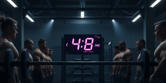Un gimnasio moderno con luces tenues, una barra de pesas de acero y una pantalla digital que muestra un cronómetro de 48 horas. Alrededor, grupos de personas musculosas observan con expresión pensativa, mientras el ambiente transmite la idea de espera y recuperación.