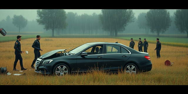 Una escena de un coche presidencial dañado en un campo valenciano, con objetos lanzados y un grupo de agentes en uniforme, lluvia de DANA sobre el fondo, sin rostros, estilo realista y atmosférico.