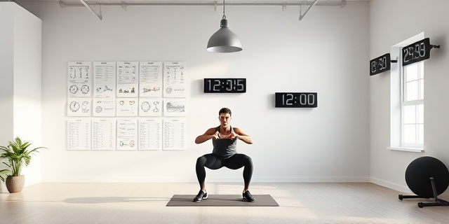 Un gimnasio minimalista con una pared llena de tablas de ejercicios, una lámpara de techo de estilo industrial, una persona haciendo sentadillas con salto sobre una colchoneta, con relojes digitales proyectando la hora y el conteo de repeticiones, un fondo con colores neutros y una ventana que deja entrar luz natural.