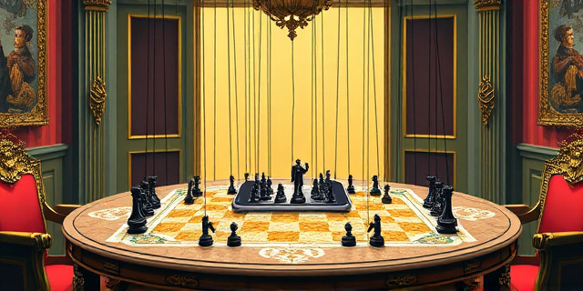 Una ilustración satírica de estilo editorial. Un teléfono inteligente gigante en el centro de una mesa de mármol presidencial. De la pantalla del teléfono emergen hilos de marionetas que controlan pequeñas figuras políticas en un tablero de ajedrez que representa el mapa de Madrid. Colores contrastados, atmósfera de intriga política, estilo de caricatura periodística moderna y sofisticada.