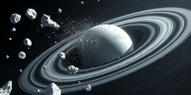 Una ilustración conceptual y surrealista que muestra la destrucción de una luna helada convirtiéndose en los anillos de Saturno. Estilo de arte digital detallado, con fragmentos de roca y hielo volando en un vacío cósmico oscuro, contrastando el brillo blanco del hielo con la oscuridad del espacio. Sin texto, sin rostros humanos, enfoque en la escala colosal y la violencia del impacto.
