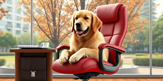 Una ilustración satírica y conceptual de un perro Golden Retriever sentado en una silla de oficina ergonómica, con un maletín al lado y un café miniature, frente a un fondo que mezcla un parque urbano y un entorno corporativo moderno. Estilo editorial de revista, colores vibrantes, enfoque en el absurdo del lujo mascota.