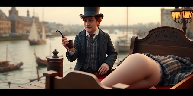 Un escenario del siglo XVIII en Londres: una calle con barcos en el río, un médico con bata de seda y un sombrero de copa, sosteniendo una pipa de tabaco. Al lado, un tubo flexible y una campana de aire de madera, con humo saliendo de la boca de la pipa que se dirige al trasero de una mujer acostada en una cama de madera. La escena muestra la atmósfera de la época, con luces de aceite y la arquitectura de los muelles.